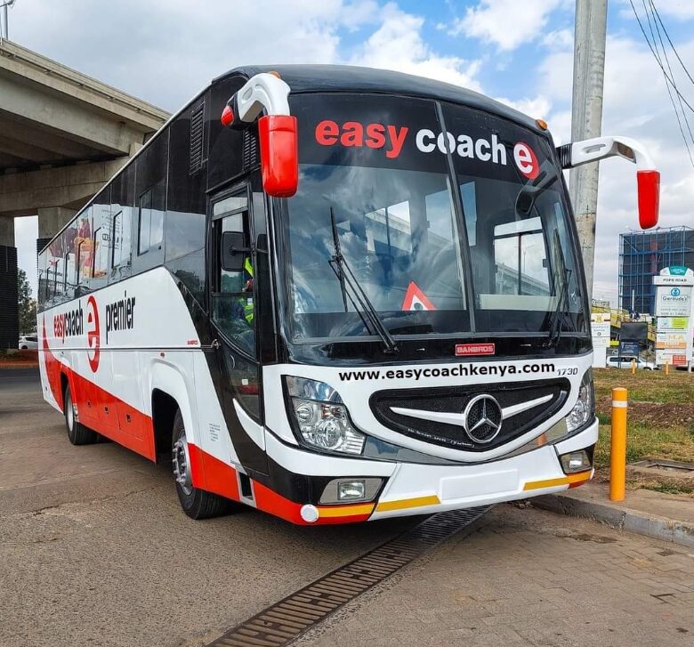 An image of EasyCoach bus on the road, offering comfortable travel across Kenya with reliable routes, online booking, and parcel services